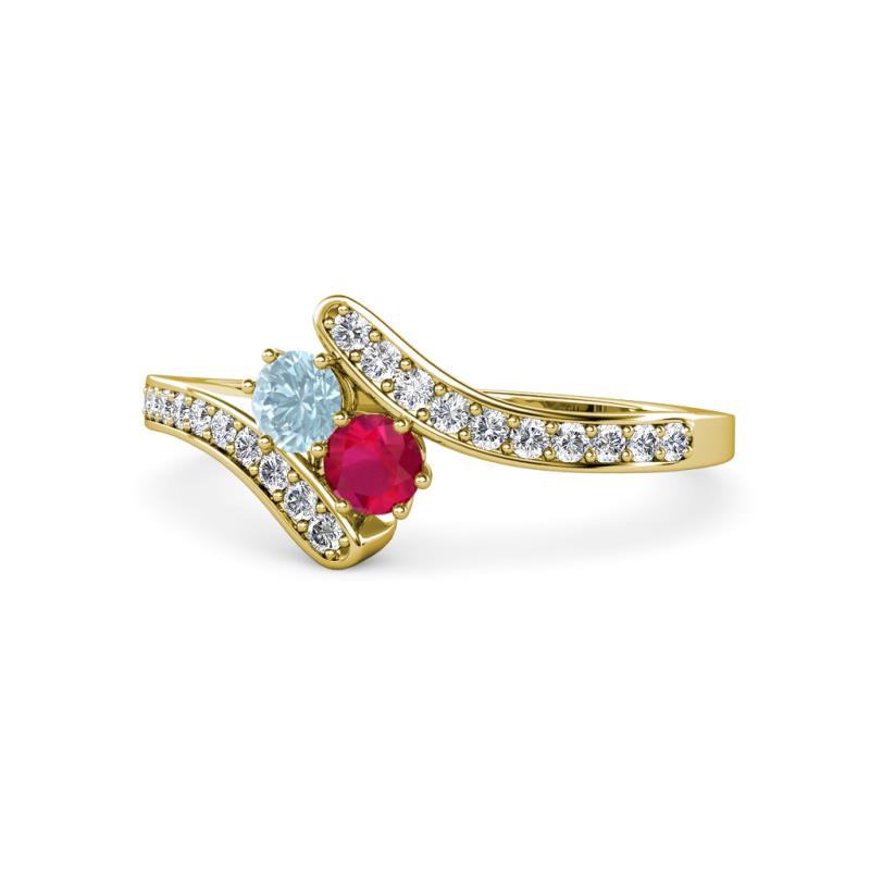 Eleni Aquamarine and Ruby with Side Diamonds Bypass Ring 