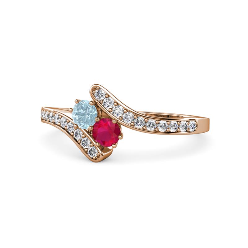 Eleni Aquamarine and Ruby with Side Diamonds Bypass Ring 