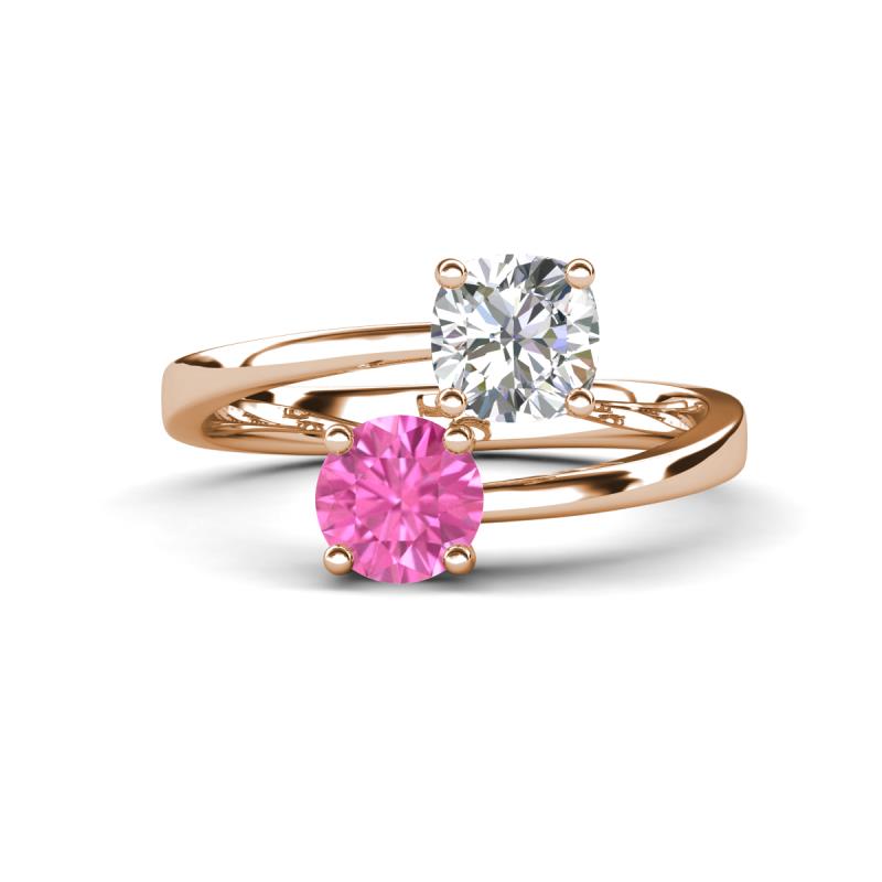 Jianna IGI Certified 6.00 mm Cushion Lab Grown Diamond and Round Lab Created Pink Sapphire 2 Stone Promise Ring 