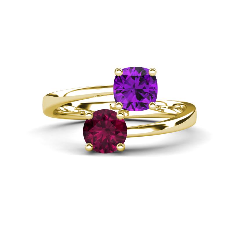 Jianna 6.00 mm Cushion Amethyst and Round Rhodolite Garnet 2 Stone Promise Ring 