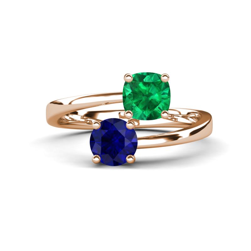 Jianna 6.00 mm Cushion Lab Created Emerald and Round Blue Sapphire 2 Stone Promise Ring 