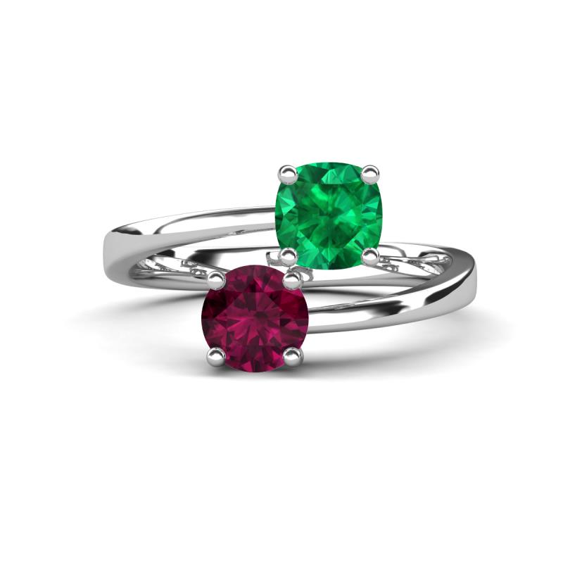 Jianna 6.00 mm Cushion Lab Created Emerald and Round Rhodolite Garnet 2 Stone Promise Ring 
