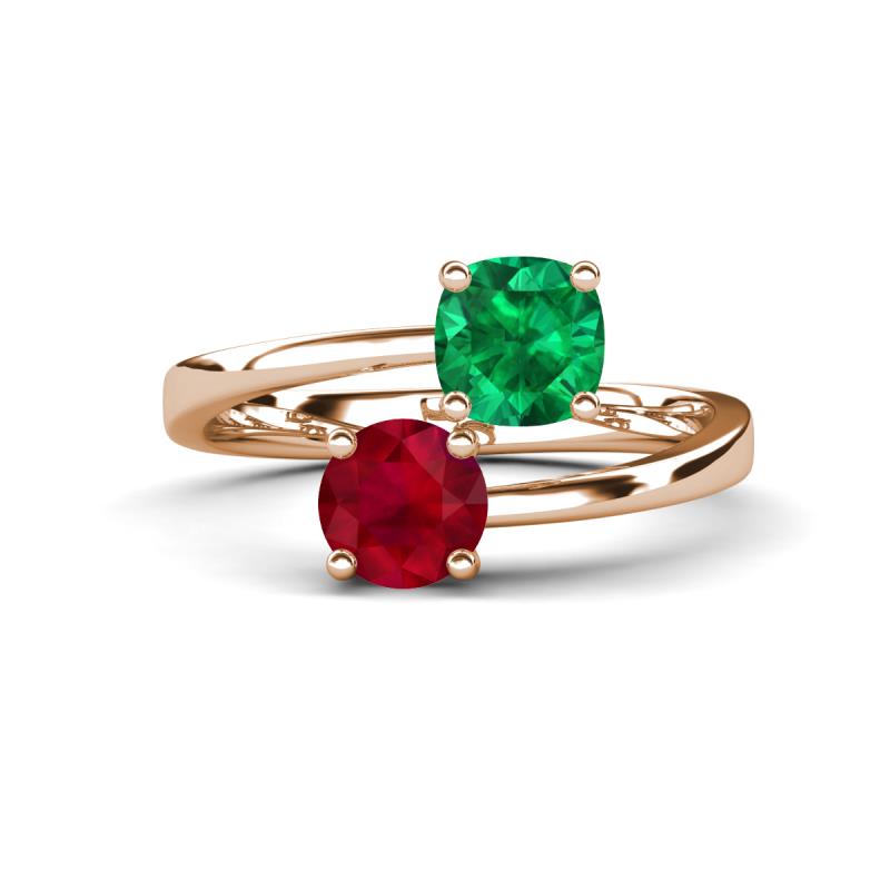 Jianna 6.00 mm Cushion Lab Created Emerald and Round Ruby 2 Stone Promise Ring 