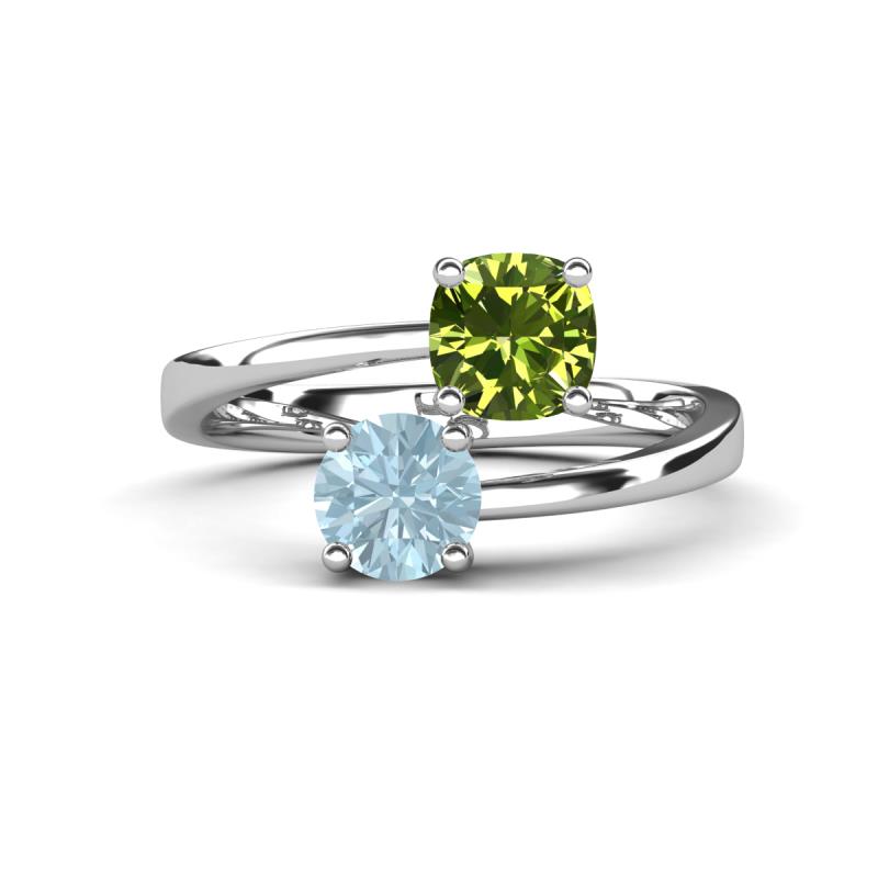 Jianna 6.00 mm Cushion Peridot and Round Aquamarine 2 Stone Promise Ring 