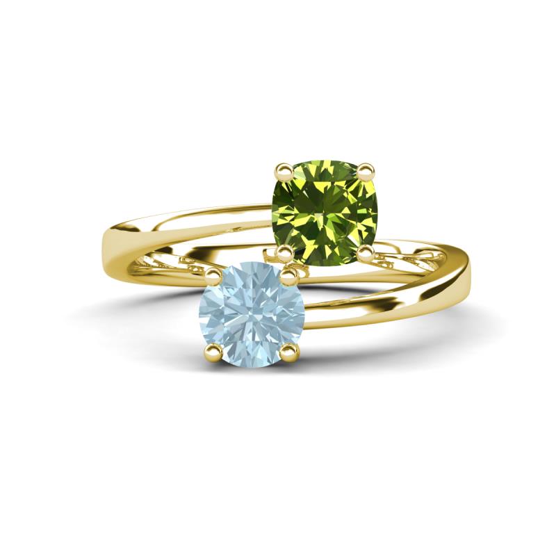 Jianna 6.00 mm Cushion Peridot and Round Aquamarine 2 Stone Promise Ring 