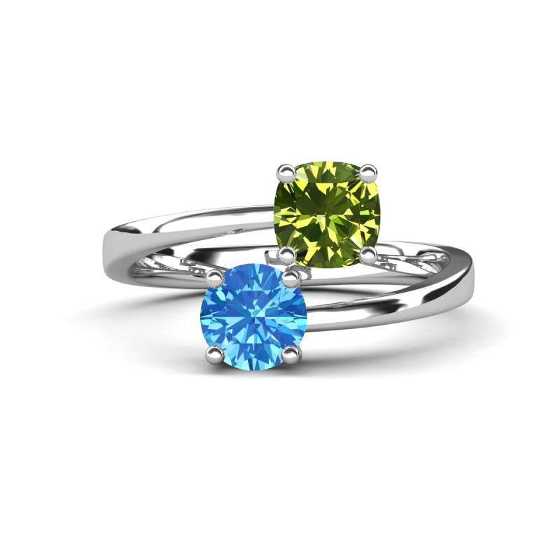 Jianna 6.00 mm Cushion Peridot and Round Blue Topaz 2 Stone Promise Ring 