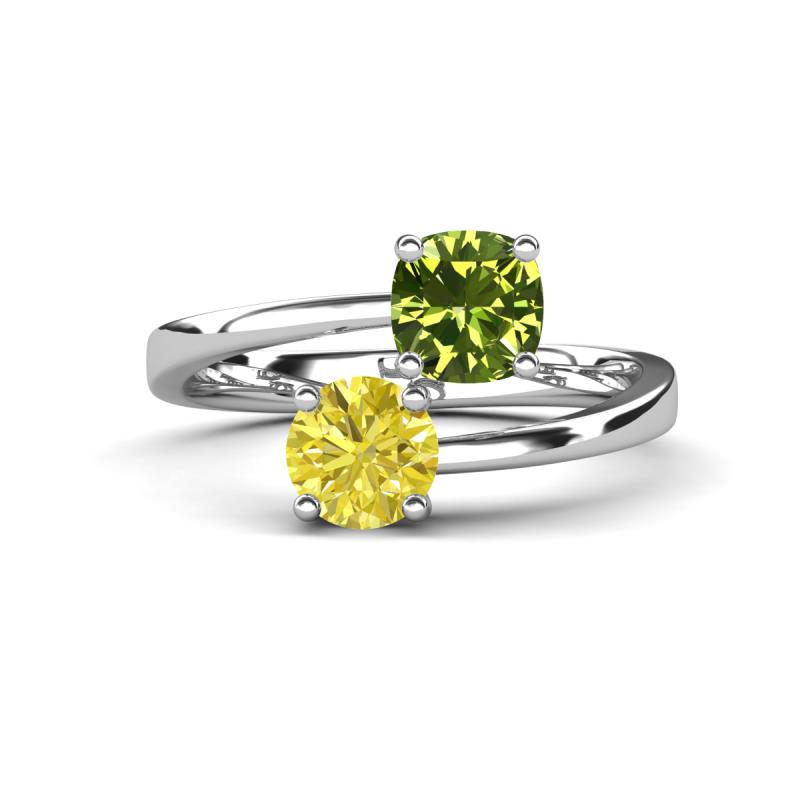 Jianna 6.00 mm Cushion Peridot and Round Yellow Diamond 2 Stone Promise Ring 