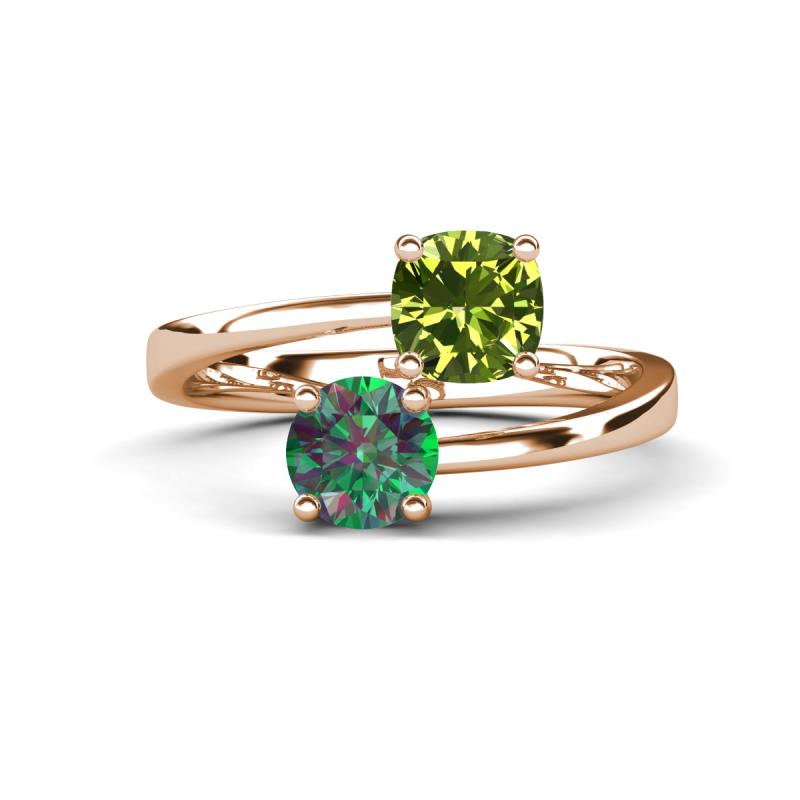 Jianna 6.00 mm Cushion Peridot and Round Lab Created Alexandrite 2 Stone Promise Ring 