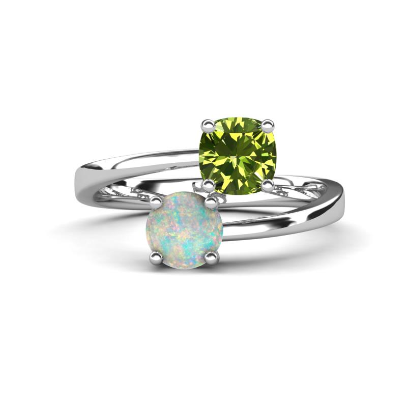 Jianna 6.00 mm Cushion Peridot and Round Opal 2 Stone Promise Ring 