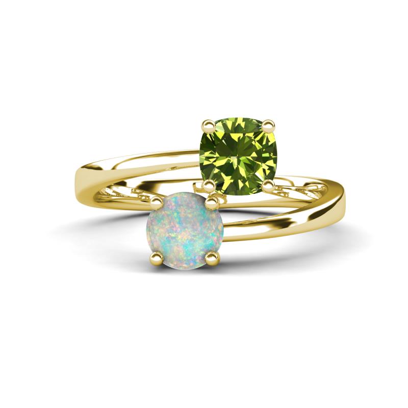 Jianna 6.00 mm Cushion Peridot and Round Opal 2 Stone Promise Ring 