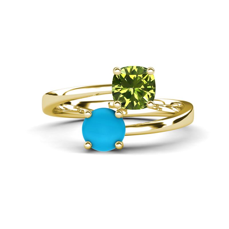 Jianna 6.00 mm Cushion Peridot and Round Turquoise 2 Stone Promise Ring 