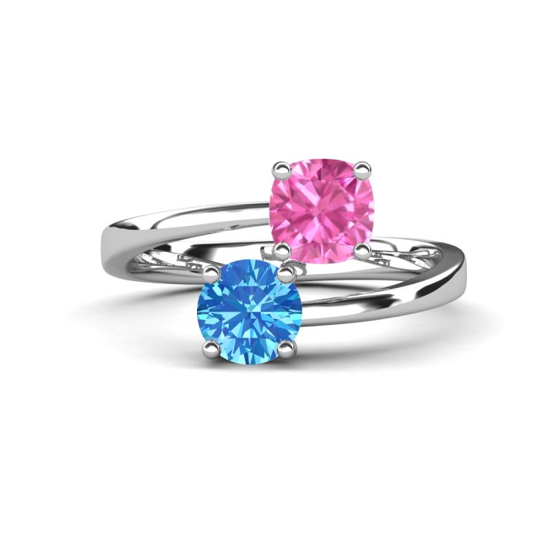 Jianna 6.00 mm Cushion Lab Created Pink Sapphire and Round Blue Topaz 2 Stone Promise Ring 