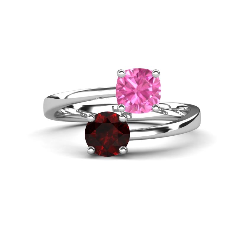 Jianna 6.00 mm Cushion Lab Created Pink Sapphire and Round Red Garnet 2 Stone Promise Ring 