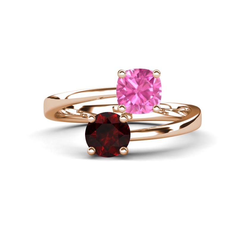 Jianna 6.00 mm Cushion Lab Created Pink Sapphire and Round Red Garnet 2 Stone Promise Ring 