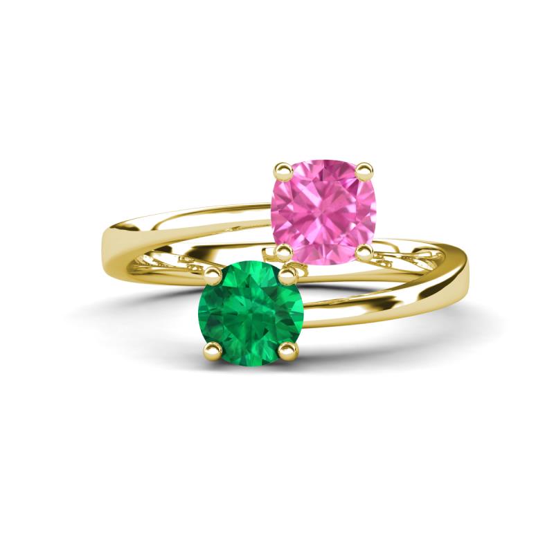 Jianna 6.00 mm Cushion Lab Created Pink Sapphire and Round Emerald 2 Stone Promise Ring 