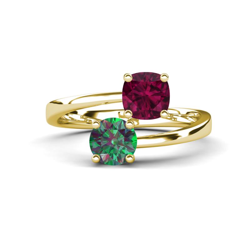 Jianna 6.00 mm Cushion Rhodolite Garnet and Round Lab Created Alexandrite 2 Stone Promise Ring 