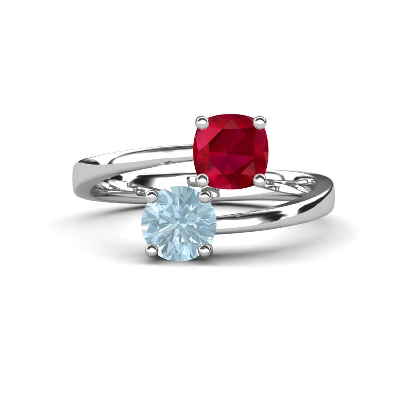 Jianna 6.00 mm Cushion Lab Created Ruby and Round Aquamarine 2 Stone Promise Ring 