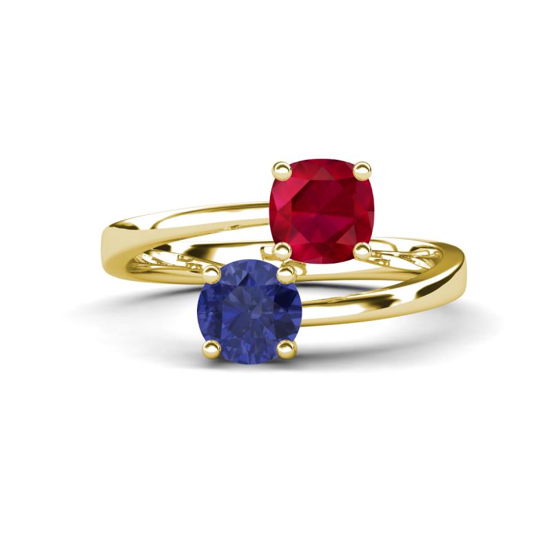 Jianna 6.00 mm Cushion Lab Created Ruby and Round Iolite 2 Stone Promise Ring 