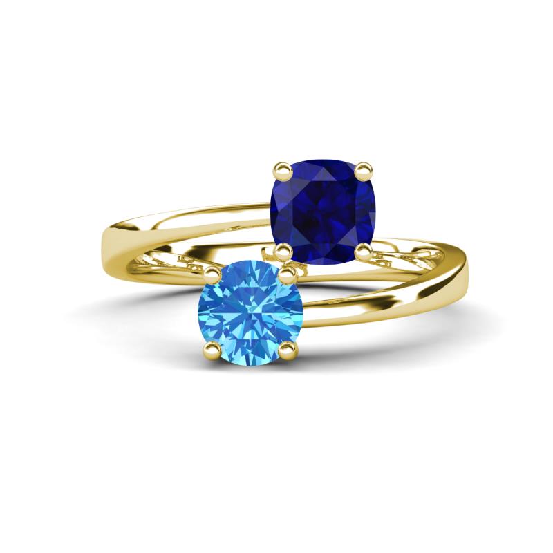 Jianna 6.00 mm Cushion Lab Created Blue Sapphire and Round Blue Topaz 2 Stone Promise Ring 