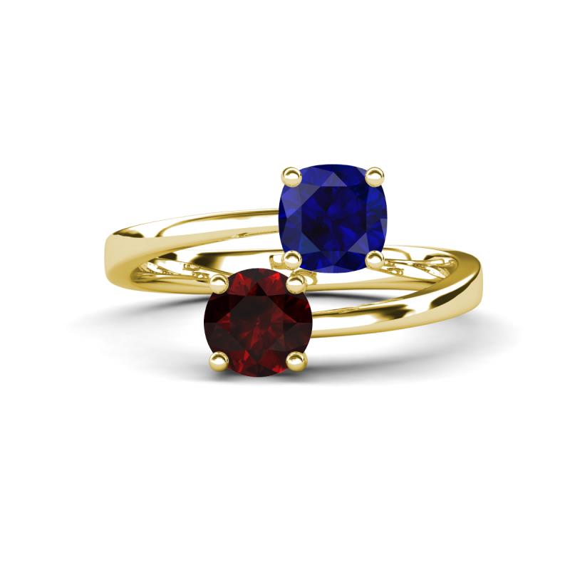 Jianna 6.00 mm Cushion Lab Created Blue Sapphire and Round Red Garnet 2 Stone Promise Ring 
