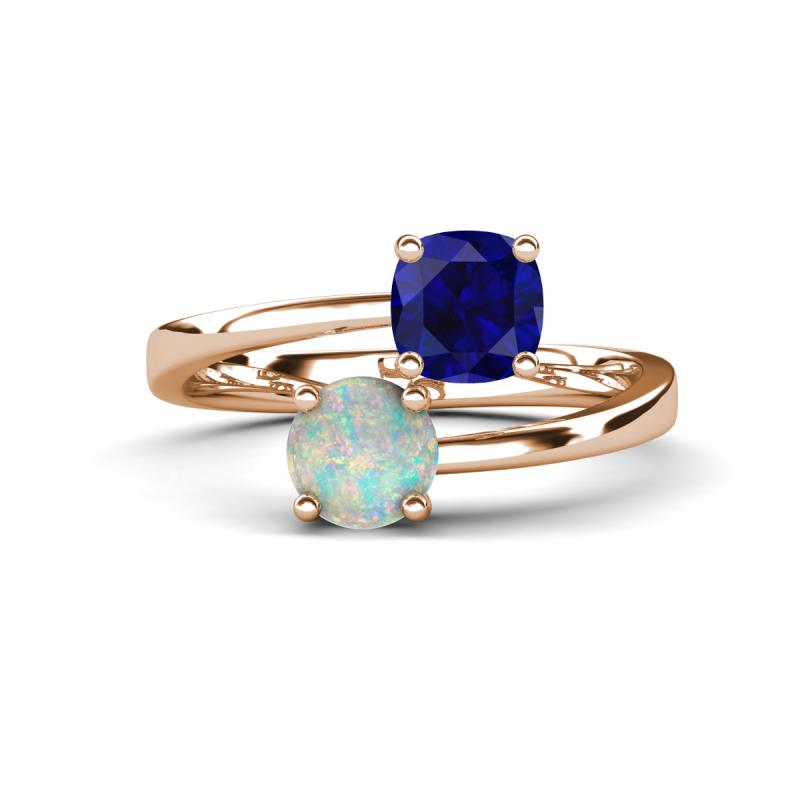 Jianna 6.00 mm Cushion Lab Created Blue Sapphire and Round Opal 2 Stone Promise Ring 