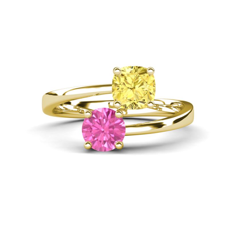 Jianna 6.00 mm Cushion Lab Created Yellow Sapphire and Round Lab Created Pink Sapphire 2 Stone Promise Ring 