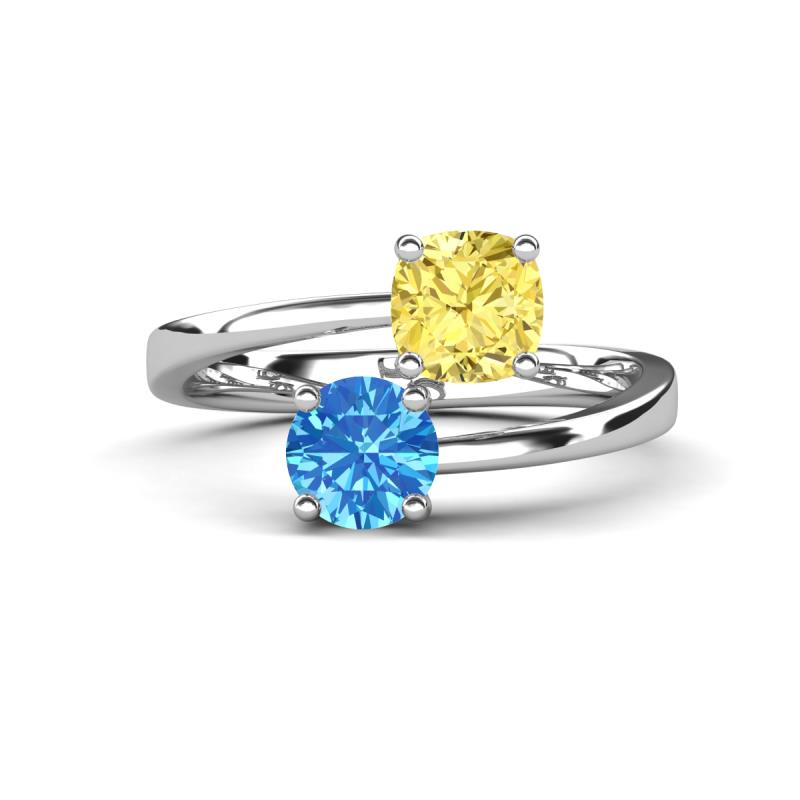 Jianna 6.00 mm Cushion Lab Created Yellow Sapphire and Round Blue Topaz 2 Stone Promise Ring 
