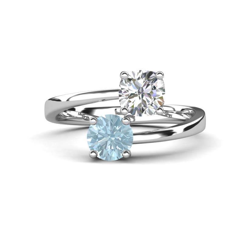 Jianna 6.00 mm Cushion Forever Brilliant Moissanite and Round Aquamarine 2 Stone Promise Ring 