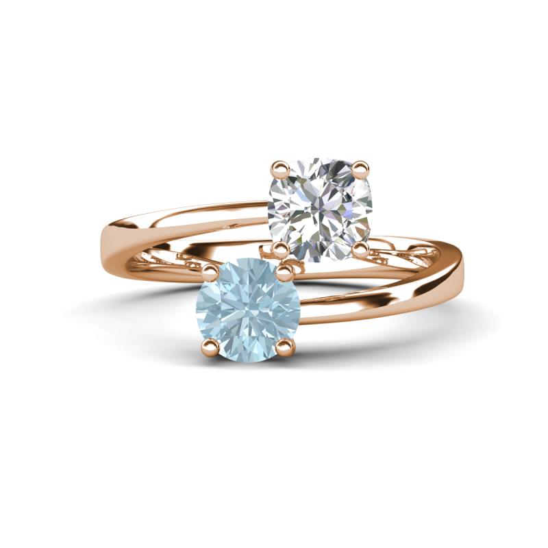 Jianna 6.00 mm Cushion Forever Brilliant Moissanite and Round Aquamarine 2 Stone Promise Ring 