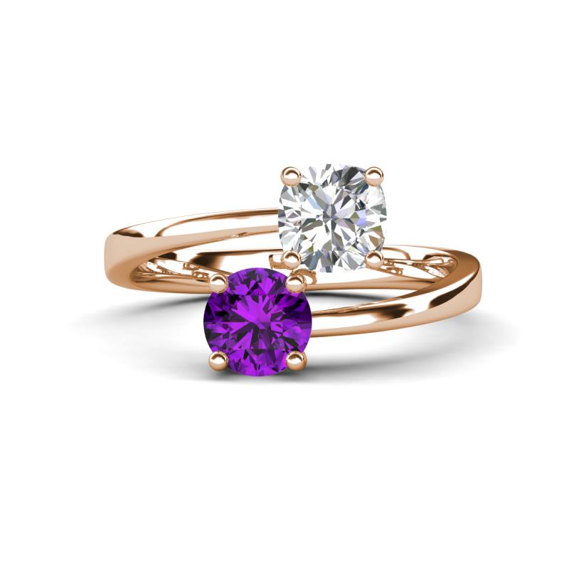 Jianna 6.00 mm Cushion Forever Brilliant Moissanite and Round Amethyst 2 Stone Promise Ring 