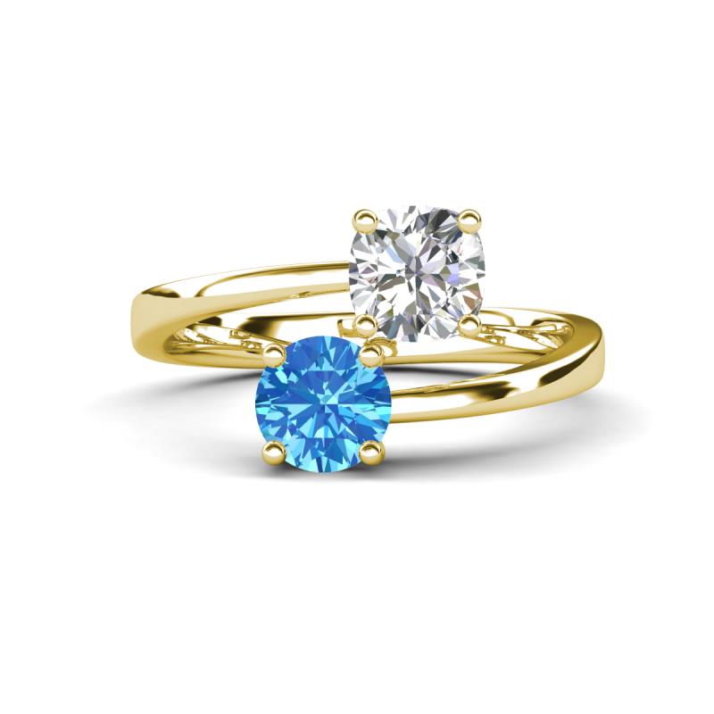 Jianna 6.00 mm Cushion Forever Brilliant Moissanite and Round Blue Topaz 2 Stone Promise Ring 