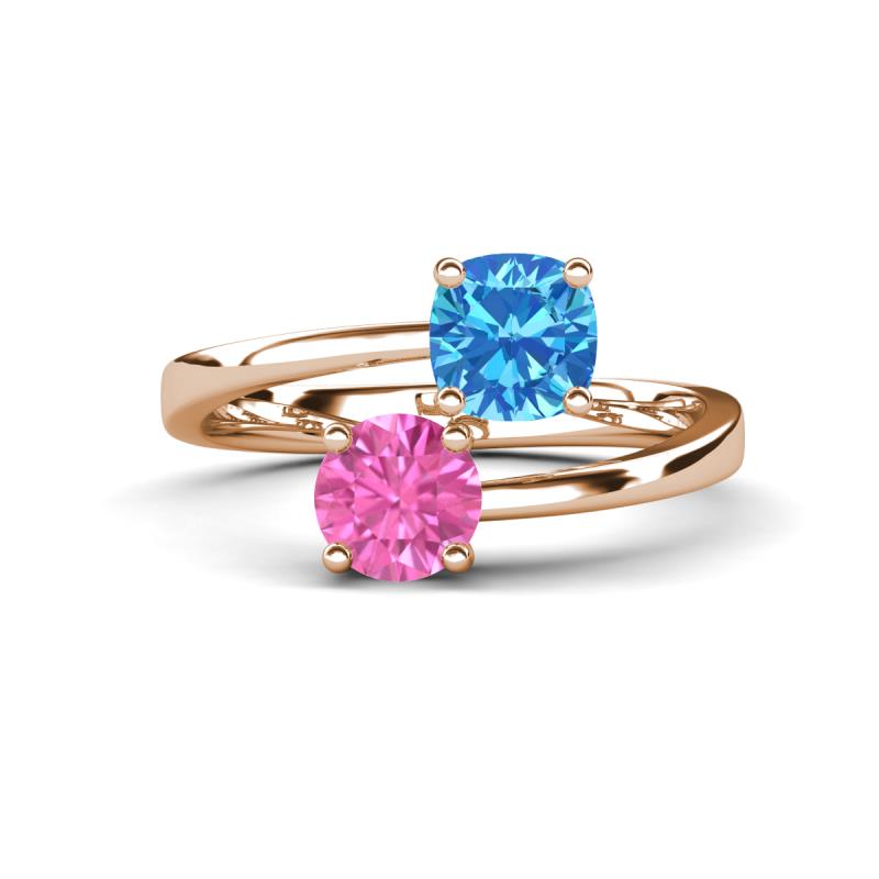 Jianna 6.00 mm Cushion Blue Topaz and Round Lab Created Pink Sapphire 2 Stone Promise Ring 