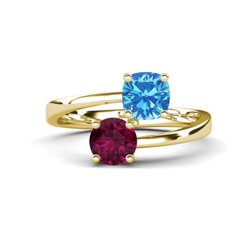 Jianna 6.00 mm Cushion Blue Topaz and Round Rhodolite Garnet 2 Stone Promise Ring 
