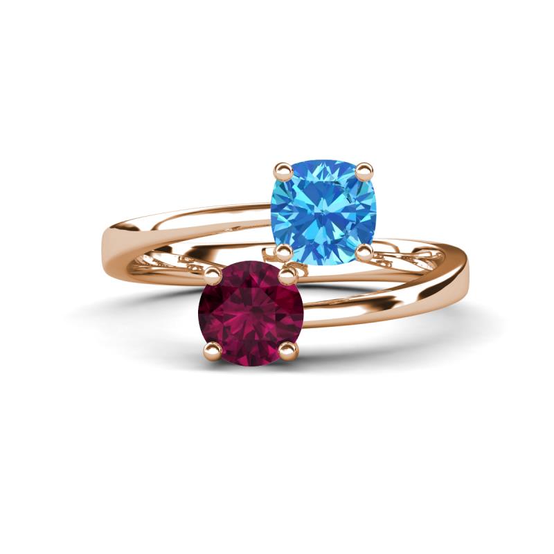 Jianna 6.00 mm Cushion Blue Topaz and Round Rhodolite Garnet 2 Stone Promise Ring 