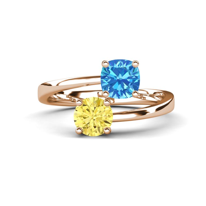 Jianna 6.00 mm Cushion Blue Topaz and Round Lab Created Yellow Sapphire 2 Stone Promise Ring 