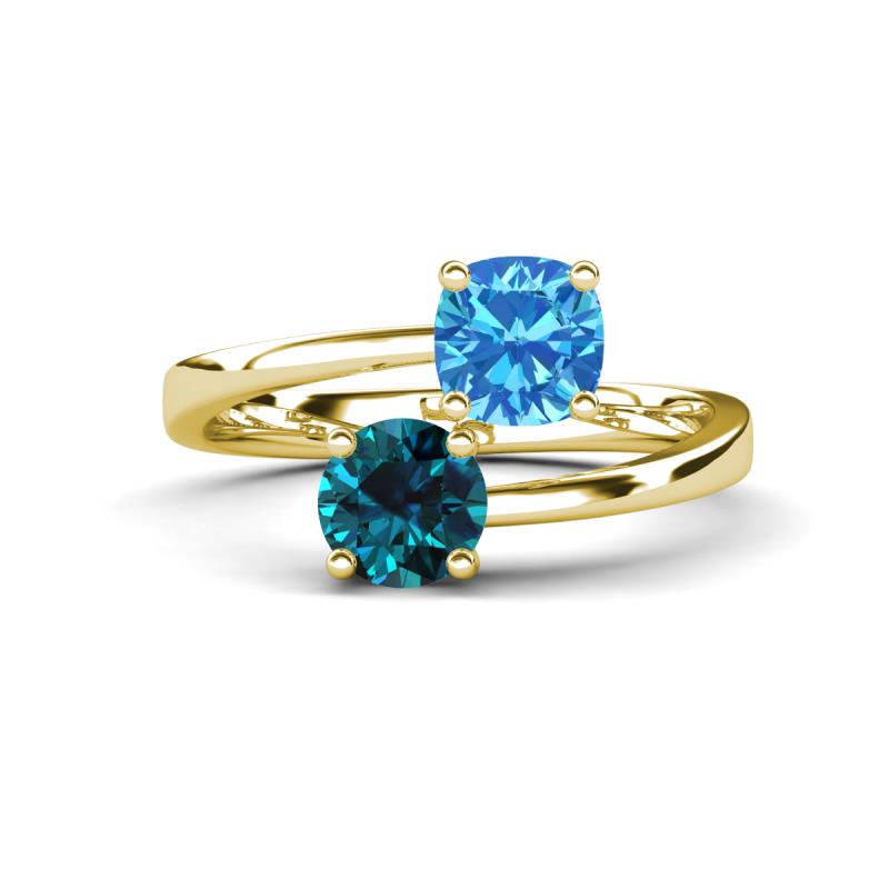 Jianna 6.00 mm Cushion Blue Topaz and Round Blue Diamond 2 Stone Promise Ring 