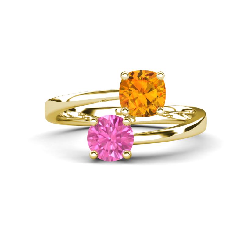 Jianna 6.00 mm Cushion Citrine and Round Lab Created Pink Sapphire 2 Stone Promise Ring 