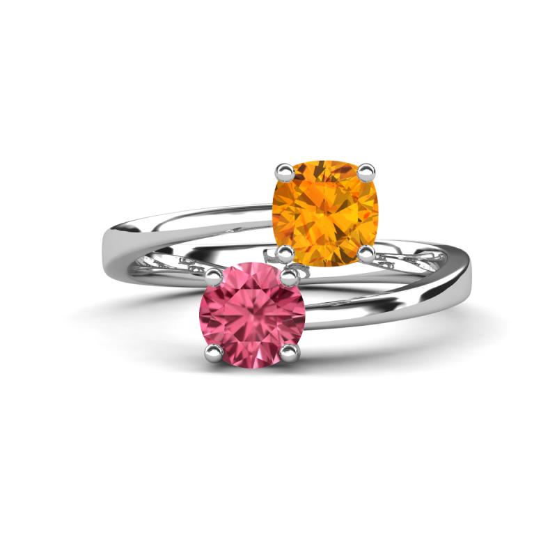 Jianna 6.00 mm Cushion Citrine and Round Pink Tourmaline 2 Stone Promise Ring 