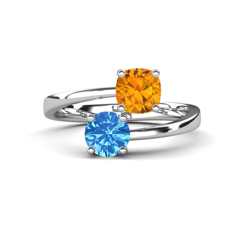 Jianna 6.00 mm Cushion Citrine and Round Blue Topaz 2 Stone Promise Ring 