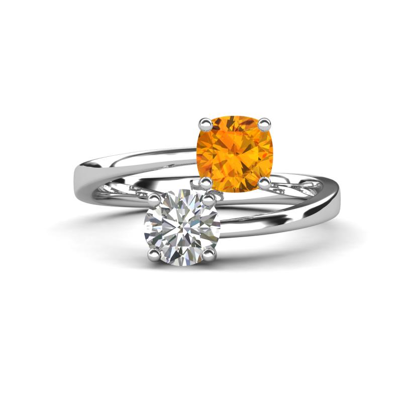Jianna 6.00 mm Cushion Citrine and Round Forever Brilliant Moissanite 2 Stone Promise Ring 
