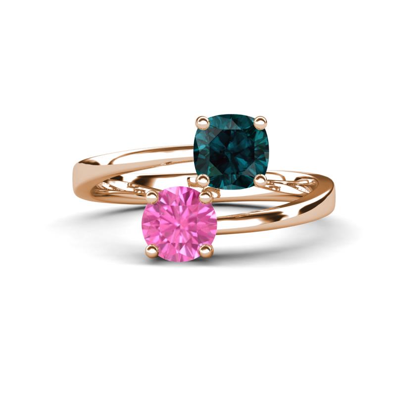 Jianna 6.00 mm Cushion London Blue Topaz and Round Lab Created Pink Sapphire 2 Stone Promise Ring 