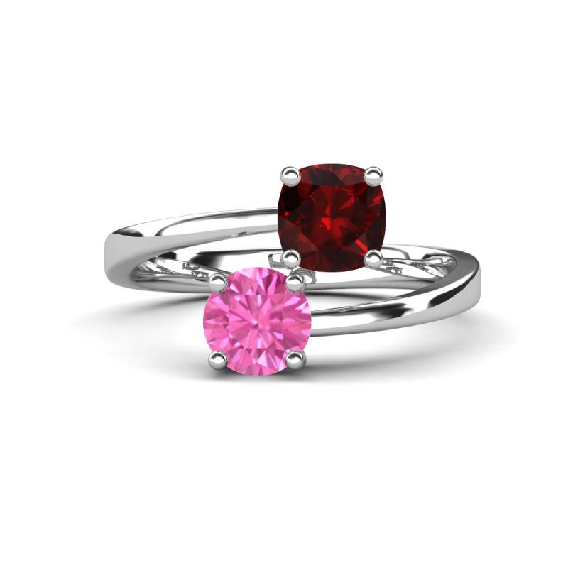 Jianna 6.00 mm Cushion Red Garnet and Round Lab Created Pink Sapphire 2 Stone Promise Ring 