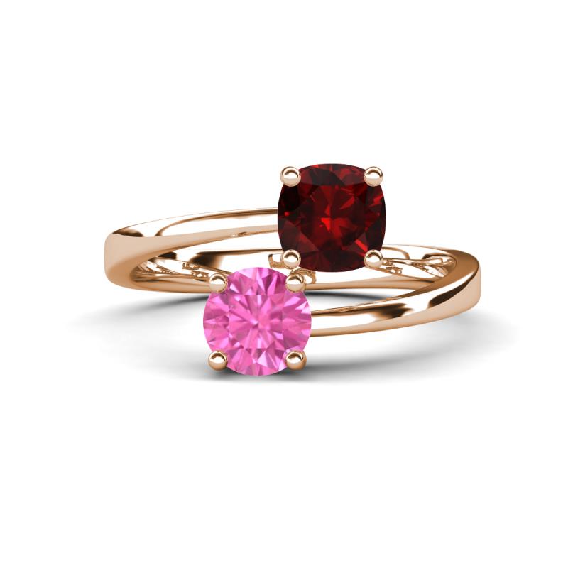 Jianna 6.00 mm Cushion Red Garnet and Round Lab Created Pink Sapphire 2 Stone Promise Ring 