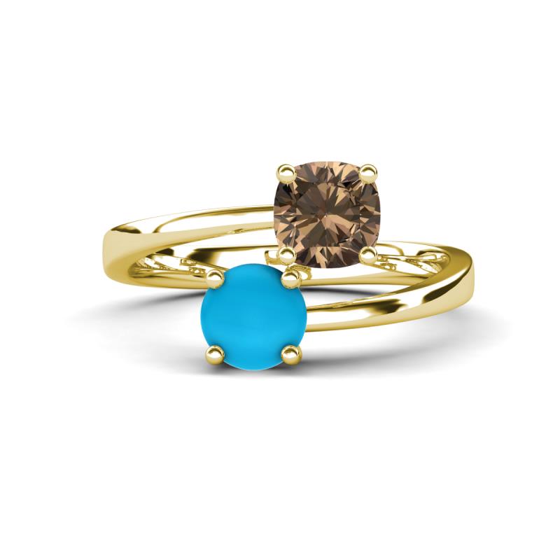 Jianna 6.00 mm Cushion Smoky Quartz and Round Turquoise 2 Stone Promise Ring 