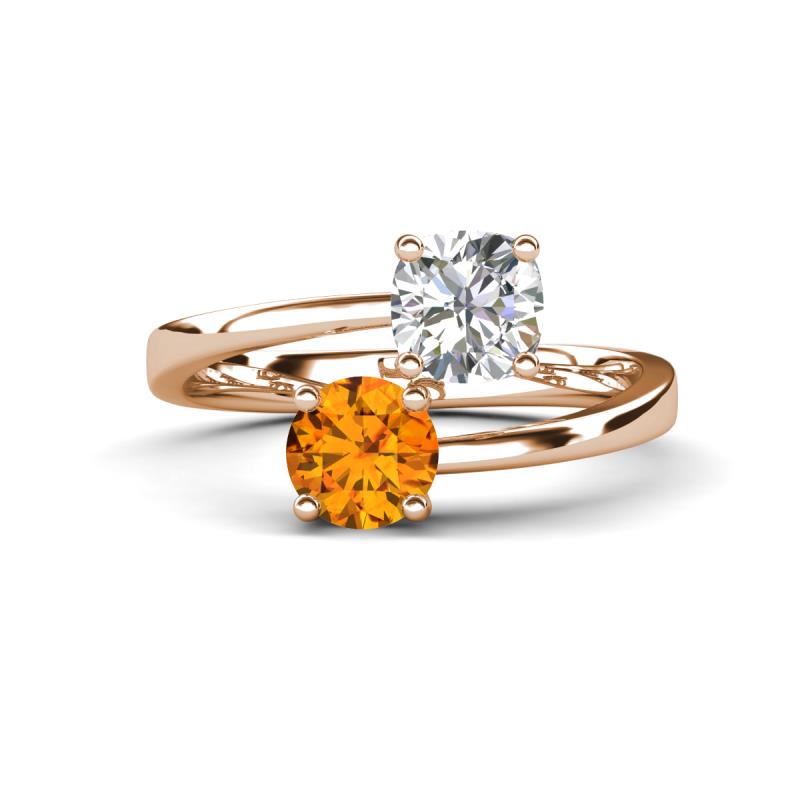 Jianna GIA Certified 6.00 mm Cushion Natural Diamond and Round Citrine 2 Stone Promise Ring 