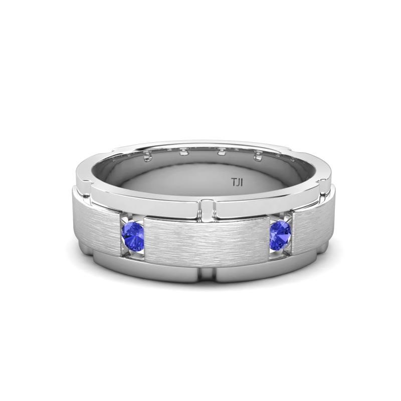 Laken 0.24 ctw (2.50 mm) Round Tanzanite Satin Finished Center and Polished Edges with Grooved Lines Men Wedding Band 