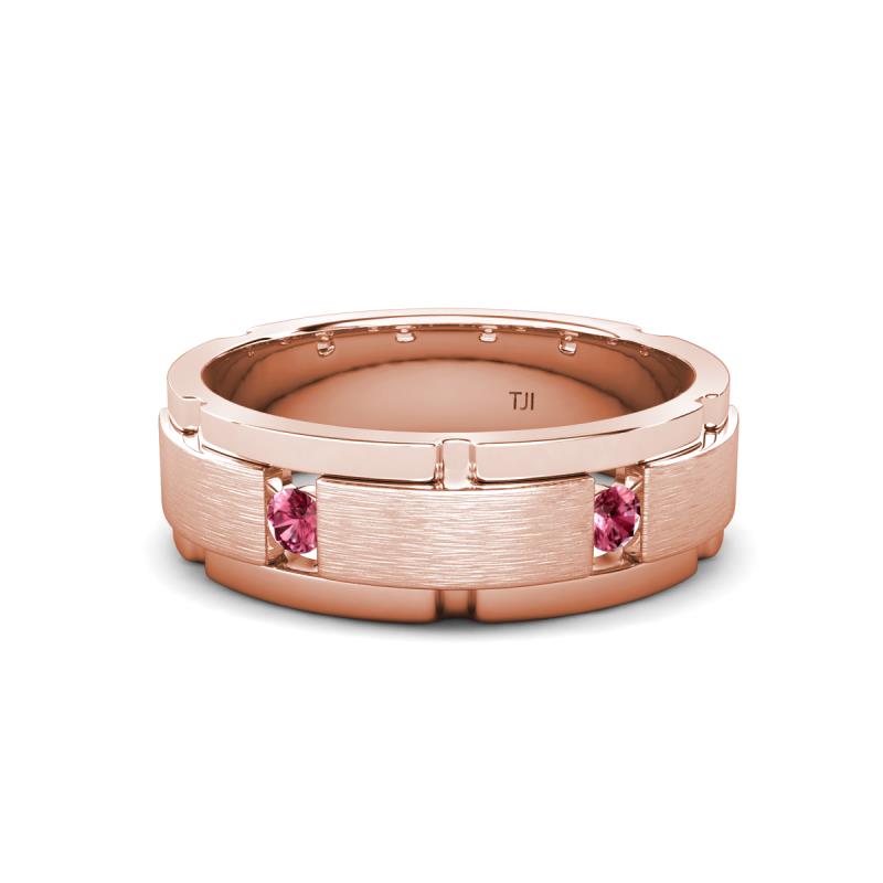 Laken 0.16 ctw (2.50 mm) Round Pink Tourmaline Satin Finished Center and Polished Edges with Grooved Lines Men Wedding Band 