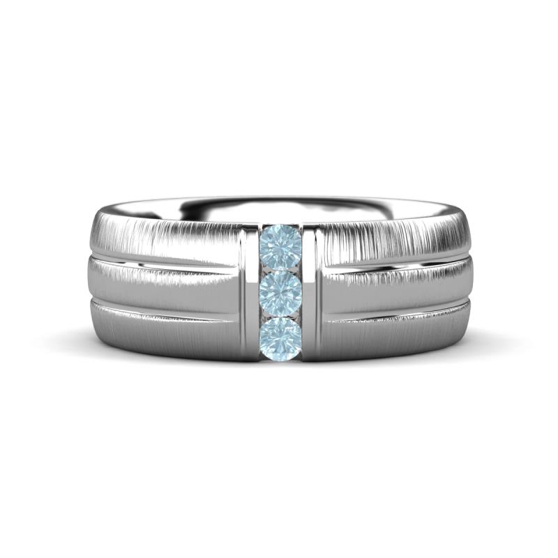 LeBron  Round Aquamarine with Brushed and Polished Finish 8.00 mm Three Stone Men's Wedding Band 