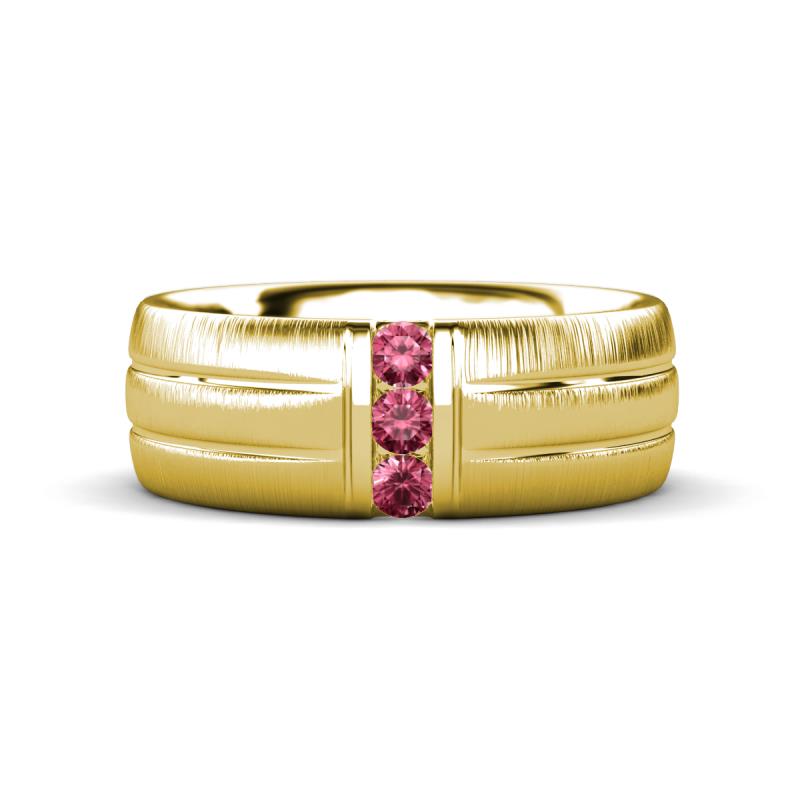 LeBron  Round Pink Tourmaline with Brushed and Polished Finish 8.00 mm Three Stone Men's Wedding Band 