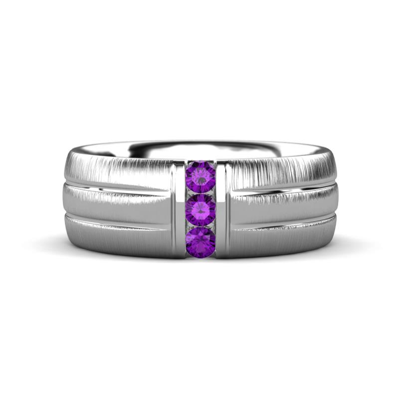 LeBron  Round Amethyst with Brushed and Polished Finish 8.00 mm Three Stone Men's Wedding Band 